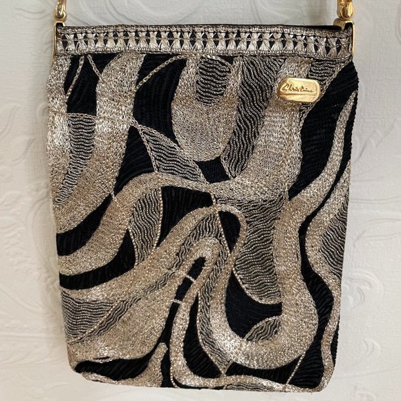 Vintage EVENING BAG by CHRISTINA black/gold cross body or shoulder bag - Picture 1 of 2
